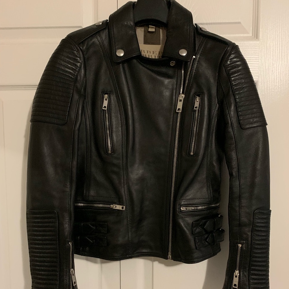 Burberry women black leather jacket